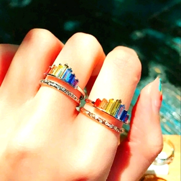 Rainbow Crown Multicolor Gemstones Silver 925 Ring - Adjustable Sizing - Picture 4 of 4